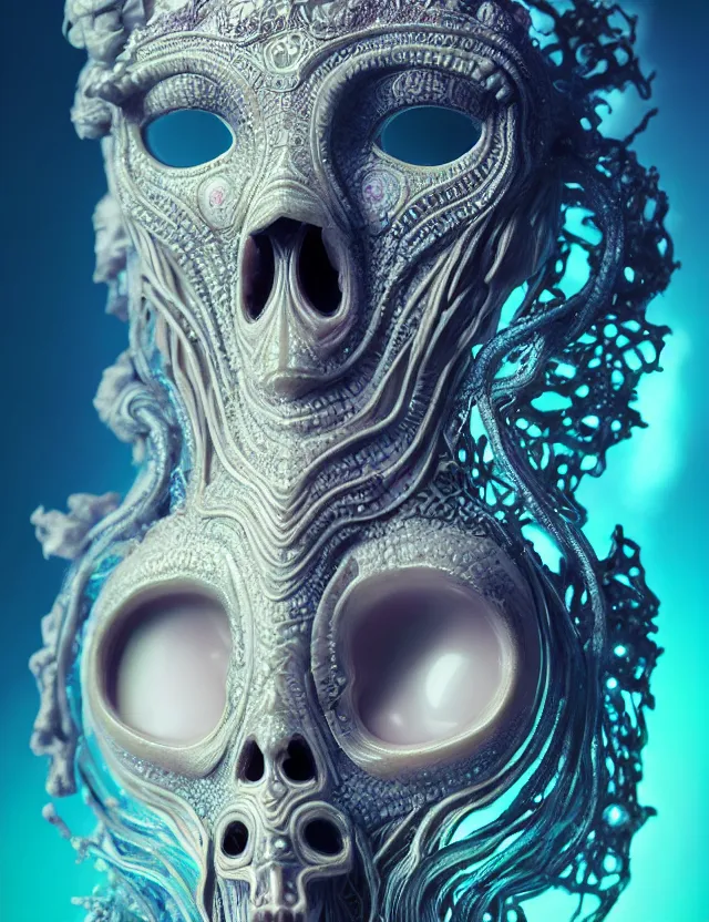 Image similar to goddess macro close - up portrait with mask made of ram skull. betta fish, jellyfish phoenix, bioluminiscent, plasma, ice, water, wind, creature, super intricate ornaments artwork by tooth wu and wlop and beeple and greg rutkowski