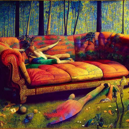 Image similar to psychedelic couch sofa in the lush forest, milky way, designed by arnold bocklin, jules bastien - lepage, tarsila do amaral, wayne barlowe and gustave baumann, cheval michael, trending on artstation, mediterranean, star, sharp focus, colorful refracted sparkles and lines, soft light, 8 k 4 k