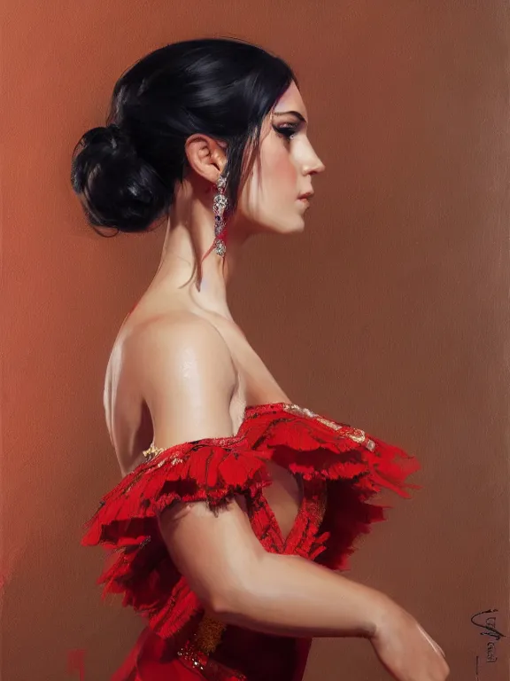 Image similar to an ultradetailed beautiful portrait painting of a girl as an spanish flamenco dancer, side view, oil painting, high resolution, by ilya kuvshinov, greg rutkowski and makoto shinkai