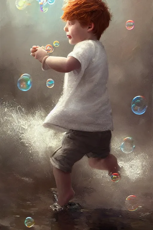 Prompt: a little boy with ginger hair chasing bubbles. clean elegant painting, beautiful detailed face, lots of bubbles. by greg rutkowski and raymond swanland