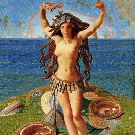 Image similar to roman mosaic by albert bierstadt, by robert rauschenberg calm. the land art of the moment when the goddess venus is born from the sea. she is shown standing on a giant clam shell, with her long, flowing hair blowing in the wind. the land art is full of light & color, & venus looks like she is about to step into a beautiful, bright future.