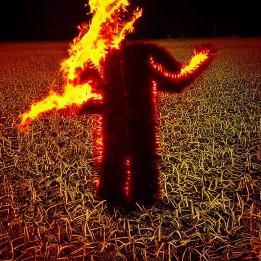 Image similar to “burning glowing scarecrow on fire engulfed in flames in a cornfield at darkest midnight, glowing embers raining down from the sky. Flash photograph.”