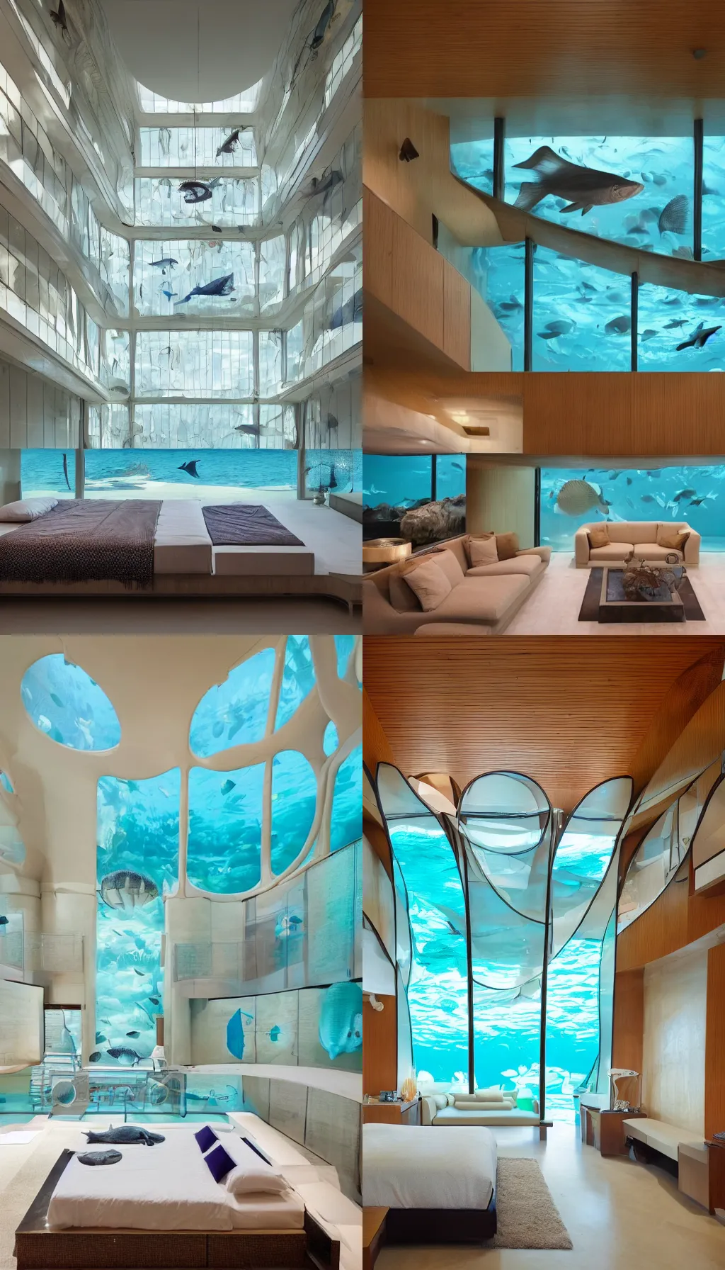 Prompt: interior architecture of a large underwater room, bed, sofa, one large room, very tall ceilings, huge windows with sea creatures floating by, modernist