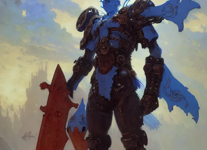 Image similar to character design digital 2 d man viking cape evangelion cyborg blue armor sword of fire by gaston bussiere, anna nikonova aka newmilky, greg rutkowski, yoji shinkawa, yoshitaka amano, tsutomu nihei, muira, moebius, donato giancola, trending on artstation, featured on pixiv