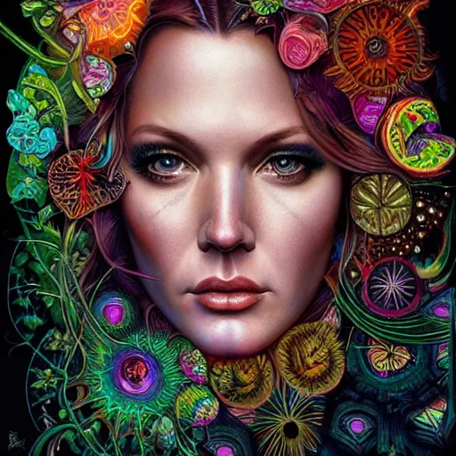 Prompt: portrait of danneel ackles, hyper detailed masterpiece, neon floral pattern, jean giraud, digital art painting, darkwave goth aesthetic, psychedelic, artgerm, donato giancola and tom bagshaw