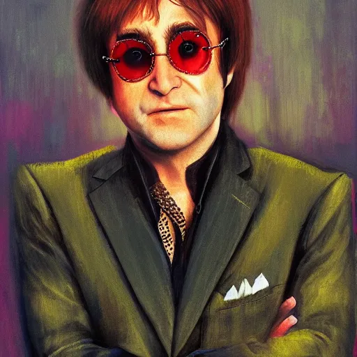 Image similar to Elton John lennon, Trending on Artstation, cinematic atmosphere, wet climate