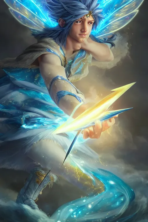 Image similar to legendary fairy prince casting a lightning spell,, lightning energy, blue energy, highly detailed, d & d, fantasy, highly detailed, digital painting, trending on artstation, concept art, sharp focus, illustration, global illumination, ray tracing, realistic shaded, art by artgerm and greg rutkowski and fuji choko and viktoria gavrilenko and hoang lap