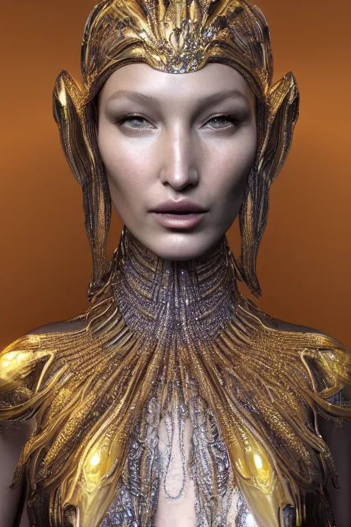 Image similar to a highly detailed metahuman render portrait of an alien goddess bella hadid in iris van herpen dress schiaparelli in diamonds and jewelry in style of alphonse mucha trending on artstation made in unreal engine 4