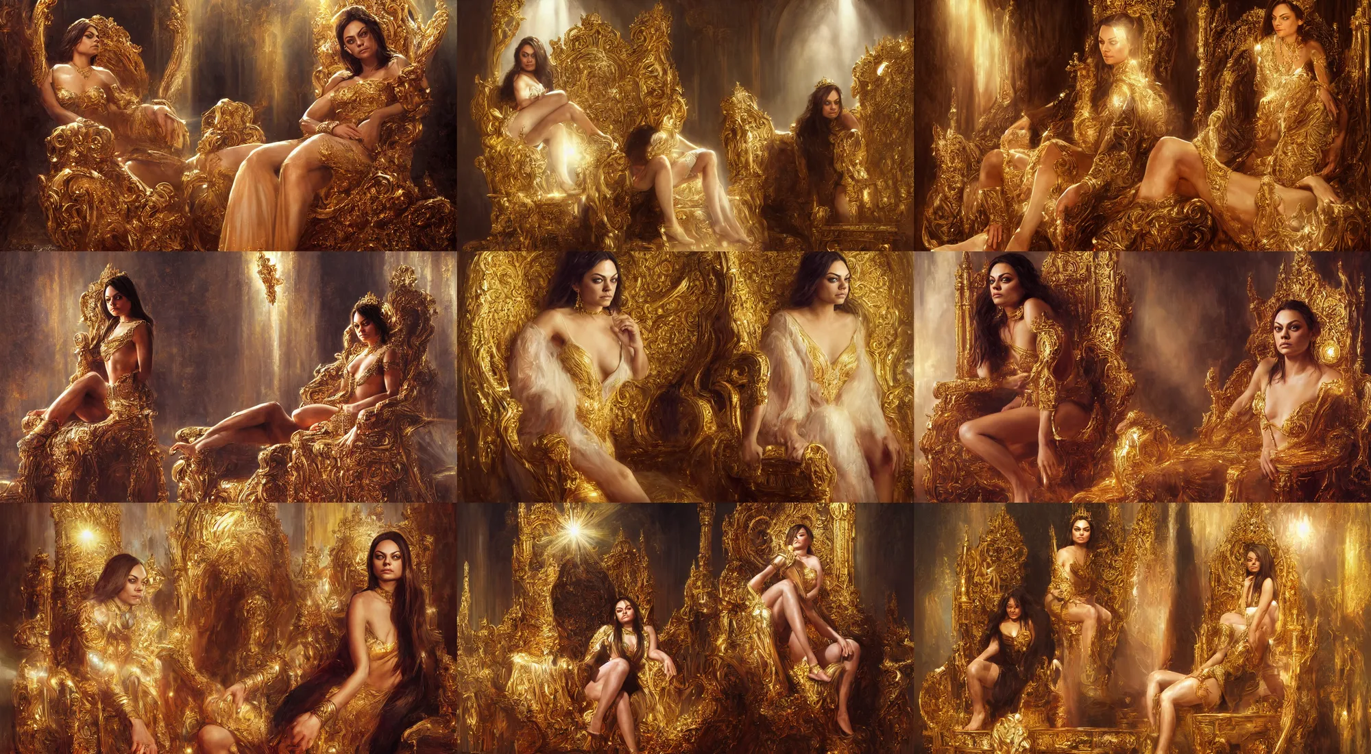Image similar to portrait of queen mila kunis sitting on her throne, intricate, gold glow, sun - rays, low angle, ilya kuvshinov, rossdraw, daniel f. gerhartz,