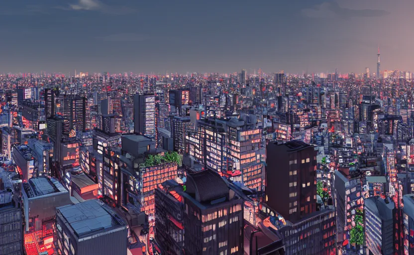 Image similar to blender render of tokyo city from a rooftop view, sunset lighting, unreal engine, hyper realism, realistic shading, cinematic composition, octane render, hdr, detailed textures, photorealistic, ultrawide shot, 1 6 mm lens