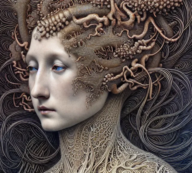 Prompt: detailed realistic beautiful goddess brain by jean delville, gustave dore, iris van herpen and marco mazzoni, art forms of nature by ernst haeckel, art nouveau, symbolist, visionary, gothic, neo - gothic, pre - raphaelite, fractal lace, intricate alien botanicals, ai biodiversity, surreality, hyperdetailed ultrasharp octane render