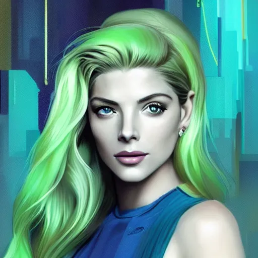 Prompt: A combination of Grace Kelly's and Katheryn Winnick's and Ashley Greene's faces with light green hair as a mermaid on the beach, cyberpunk style, synthwave aesthetic, fantasy, intricate, elegant, highly detailed, digital painting, artstation, concept art, matte, sharp focus, illustration, half body portrait, anime style, blue tint, art by Artgerm and Greg Rutkowski and Alphonse Mucha