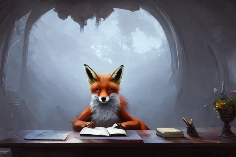 Image similar to portrait of a fox sat at a school desk doing schoolwork, trending on artstation, highly detailed, digital painting, volumetric light, concept art, middle focus, illustration, lighting by Marc Adamus, daren bader, aleksi briclot, rutkowski, bouguereau