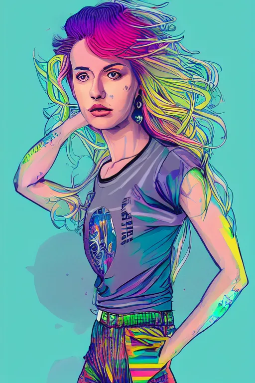 Image similar to a award winning half body portrait of a beautiful woman with stunning eyes in a printed croptop and cargo pants with rainbow colored ombre hairstyle head in motion and hair flying by josan gonzales, outrun, vaporware, shaded flat illustration, digital art, trending on artstation, highly detailed, fine detail, intricate