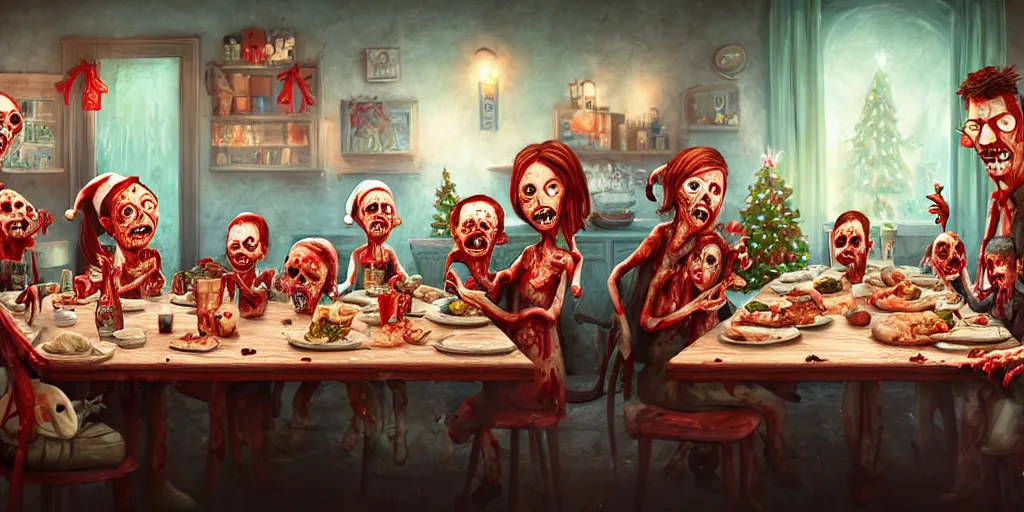 Image similar to a zombie family christmas diner, wide angle, super highly detailed, professional digital painting, artstation, concept art, smooth, sharp focus, no blur, no dof, extreme illustration, unreal engine 5, photorealism, hd quality, 8 k resolution, cinema 4 d, 3 d, beautiful, cinematic, art by tim burton
