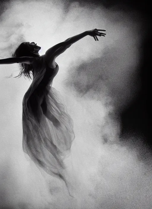 Image similar to a Photorealistic dramatic hyperrealistic render of a glamorous beautiful Female smoke dancer by Ken Brower and Deborah Ory of NYC Dance project,Lois Greenfield,Flowing cloth and smoke,Beautiful dynamic dramatic dark moody lighting,volumetric,shadows,cinematic atmosphere,Octane render,8K