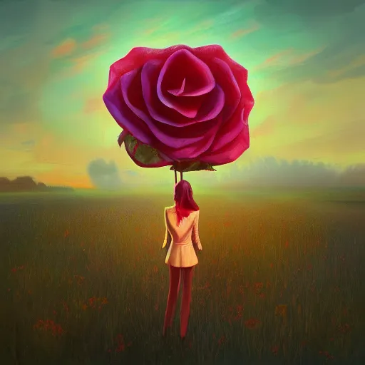 Image similar to closeup, giant rose flower head, frontal, girl in a suit, surreal photography, sunrise, dramatic light, impressionist painting, digital painting, artstation, simon stalenhag