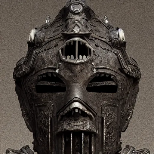 Prompt: an ominous dark ancient mask. cracks. hyper - detailed. gothic steampunk baroque. symmetric. epic. hyper - realistic. unreal render.