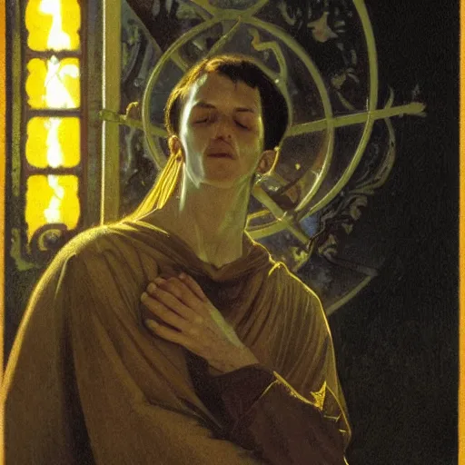 Image similar to Close up of a young, thin and stern catholic priest in his thirties fervently praying as he is about to die from the ominous terrifying Lovecraftian yellow shadow descending upon him from the night sky. he is at the top of a medieval tower. Low angle, dramatic lighting. Art by Greg Rutkowski and Alphonse Mucha