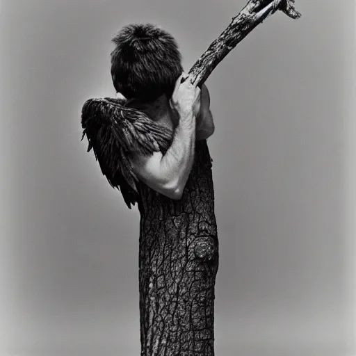 Prompt: a feathered man holding a log, large format film photo by richard avedon