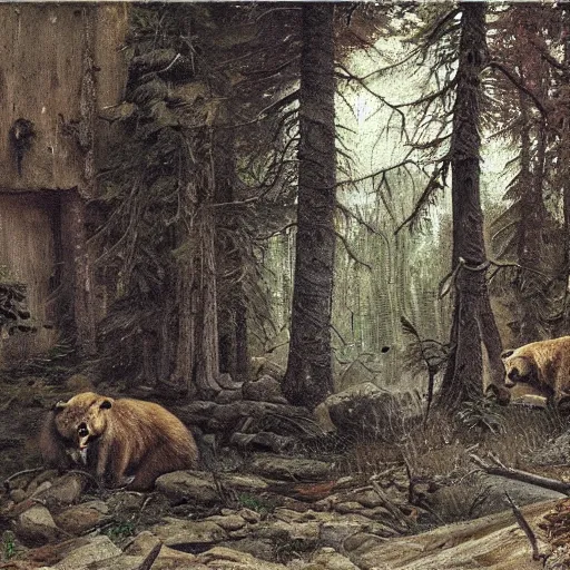 Prompt: Bear lair from the ruins of a Slavic city in a dark forest, drawn by Viktor Vasnetsov, oil painting, harsh fairy tale, soft style, hyperrealism, beautiful, high resolution, trending on artstation,