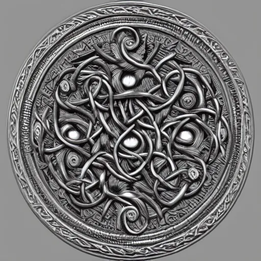 Image similar to Medusa goddess amulet, detailed intricate silverwork laid out on a dark oak table background, Celtic knot, spirals and weave, wood carving, trending on artstation, 8k digital render