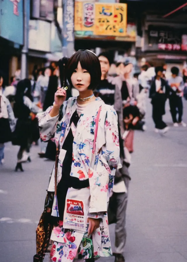 Image similar to a street fashion photograph of a cute japanese woman in 9 0 s fashion, in tokyo akihabara, shot on cinestill 5 0 d with a 3 5 mm at f / 2. 8 lens, highly detailed, fashion magazine print quality, photorealism, nineties nostalgia, 8 k