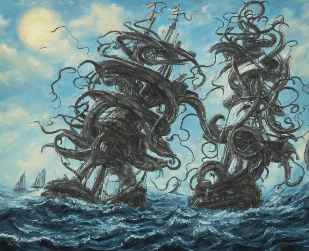 Image similar to oil painting of a kraken attacking a pirate ship