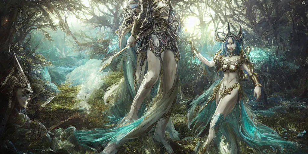 Image similar to an anime landscape of a knightly merfolk from magic the gathering wearing a ornate detailed armor garments and an atlantean crown, in a mystical forest from skyrim, by stanley artgerm lau, wlop, rossdraws, james jean, andrei riabovitchev, marc simonetti, and sakimichan, trending on artstation