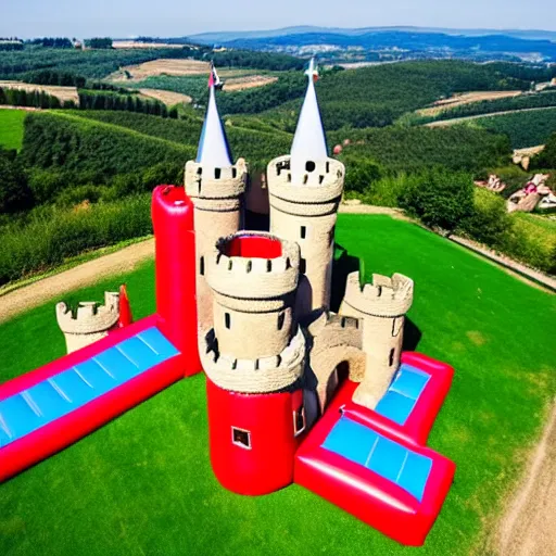 Image similar to Bouncy castle high atop a hill, medieval castle made of vinyl and rubber, inflated colorful castle, aerial photograph, European countryside