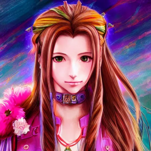 Image similar to dreamy colorful portrait drawing of aerith gainsborough from from final fantasy 7 with the steam punk city midgard as backdrop, by master artist yoshitaka amano trending on artstation