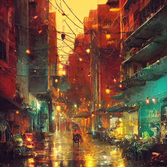 Prompt: Downtown Mexico, string lights, colorful lighting, night, by Tooth Wu, by Lienzo Óleo Paisaje, by Greg Rutkowski