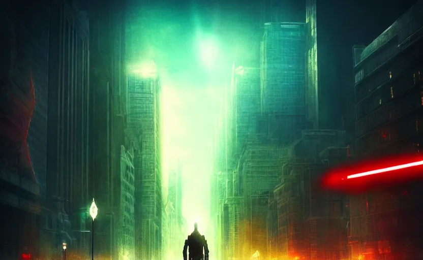 Prompt: the vision in the city, epic composition, mysterious lighting, hdr, artistic, cinematic design, by spacegooose and star wars
