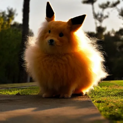 Image similar to real life Pokemon, fluffy, realistic, golden hour, sharp focus