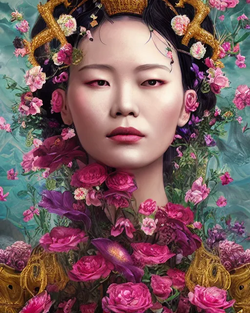 Image similar to portrait of the chinese queen of the underworld, surrounded by flowers by karol bak, james jean, tom bagshaw, rococo, sharp focus, trending on artstation, cinematic lighting, hyper realism, octane render, 8 k, hyper detailed.