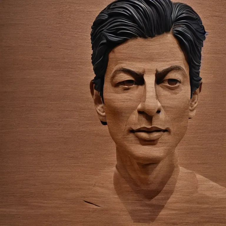 Image similar to public sculpture minimalist!!! portrait of a shah rukh khan, beautiful symmetrical face accurate face detailed face realistic proportions, carved out of red oak wood on a pedestal by stephan balkenhol and martin puryear and ron mueck, hyperrealistic dramatic lighting shocking detail trending on artstation 8 k