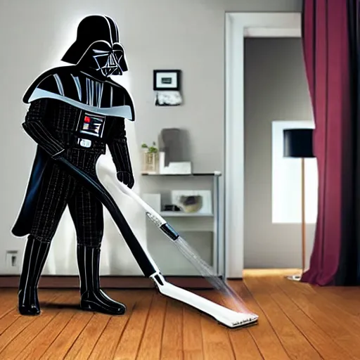 Image similar to Darth Vader vacuuming the house, photo realistic, award-winning, highly-detailed