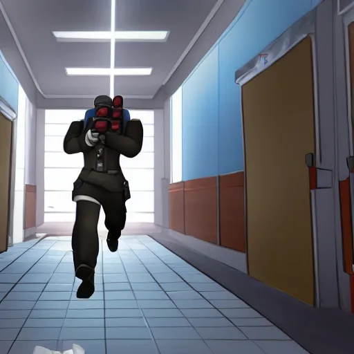 Prompt: the medic from TF2 running in an hospital corridor