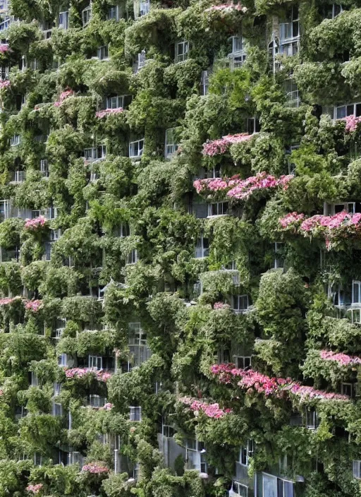 Image similar to brutalist garden city covered in vines and flowers by Denys Lasdun