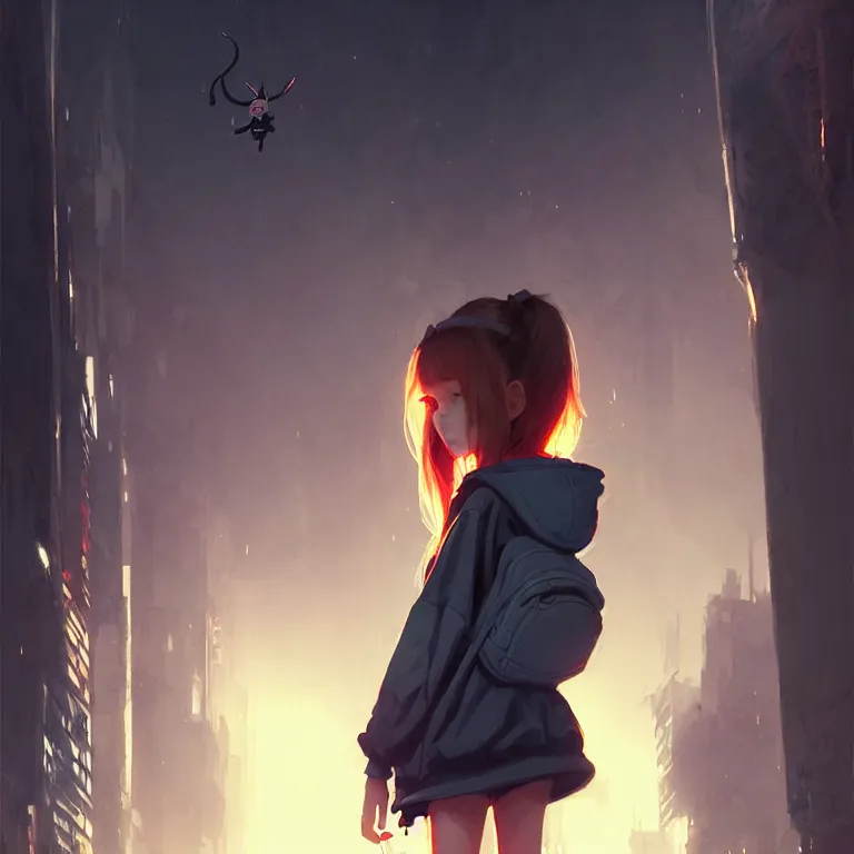 Prompt: cute young girl, wearing oversized hoodie, backpack, holding hands with a towering demonic beast, apocalyptic setting, bokeh, sharp focus, character art, illustration, digital painting, trending on artstation, by masamune shirow, by greg rutkowski.