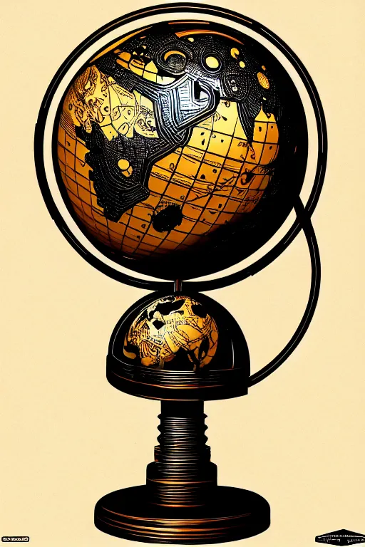 Image similar to ornate steampunk rotating globe on stand, high details, lineart, by vincent di fate, inking, 3 color screen print, masterpiece, trending on artstation, sharp, high contrast, hyper - detailed,, hd, 4 k, 8 k