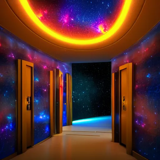 Image similar to 8 k hd detailed octane render of a spaceship corridor with a colorful nebula outside the window