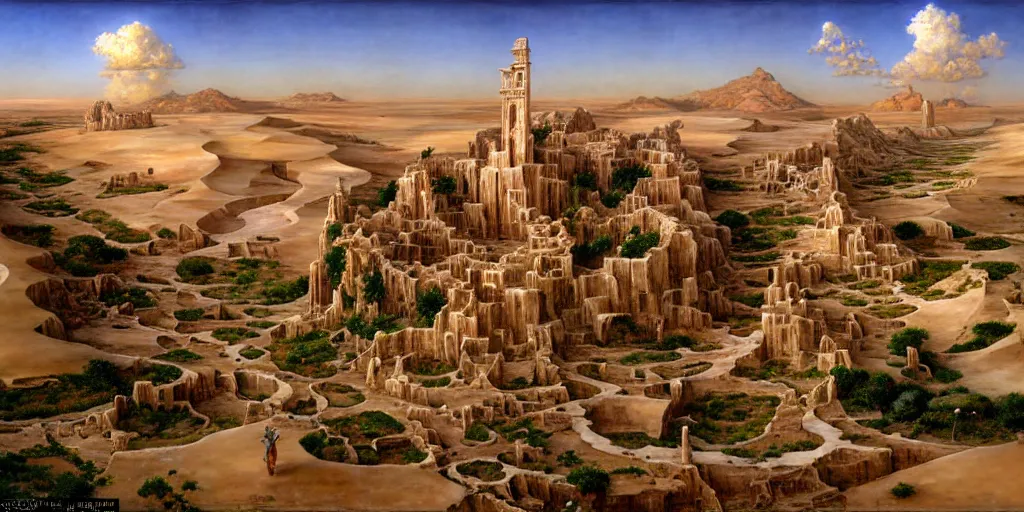 Image similar to the oasis - hamlet of joppa along the far rim of the great salt desert. farmers tend to groves. jungles strangle chrome steeples and rusted archways. beyond the fabled spindle rises above the fray and pierces the cloud - ribboned sky. art by james christensen and noriyoshi ohrai