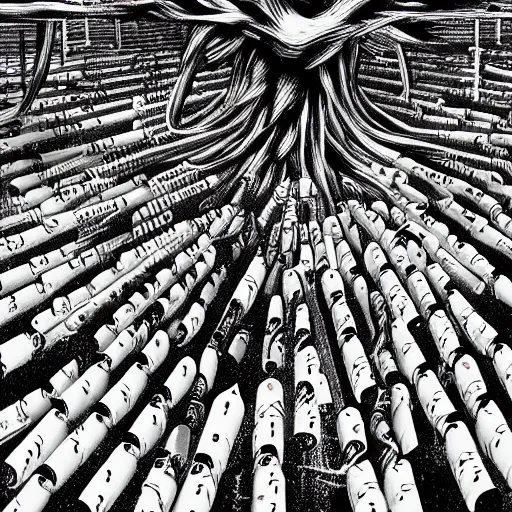 Image similar to gigantic mountain of syringes by junji ito and francis bacon, hunter s thompson feeling of grimdark, sharp focus, fiction, hyper detailed, digital art, trending in artstation, cinematic lighting, studio quality, smooth render, unreal engine 5