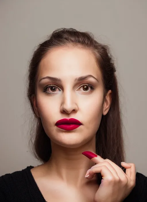 Prompt: portrait of a 2 3 year old woman, symmetrical face, lipstick, she has the beautiful calm face of her mother, slightly smiling, ambient light