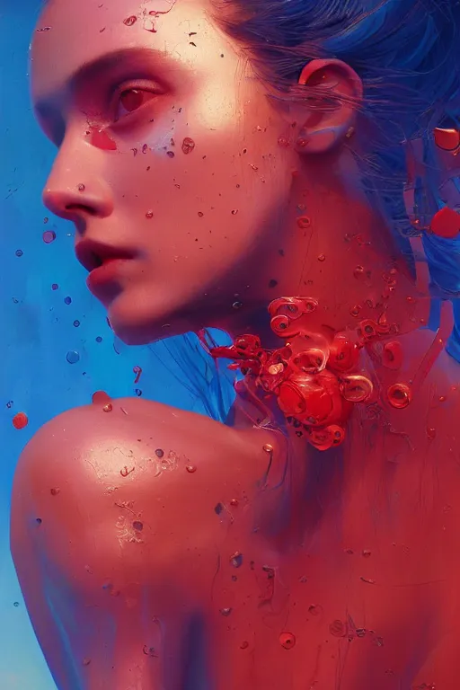 Image similar to 3 d, sci - fi, sun rays, sleepy fashion model face, detailed faces aside, cinematic, vogue cover style, poster art, light red and deep blue mood, realistic painting, intricate oil painting, high detail, figurative art, multiple exposure, poster art, 3 d, by tooth wu and wlop and beeple and greg rutkowski
