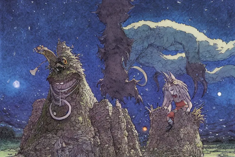 Image similar to hyperrealist studio ghibli watercolor fantasy concept art of a kaiju using stonehenge as a chair. it is a misty starry night. by rebecca guay, michael kaluta, charles vess