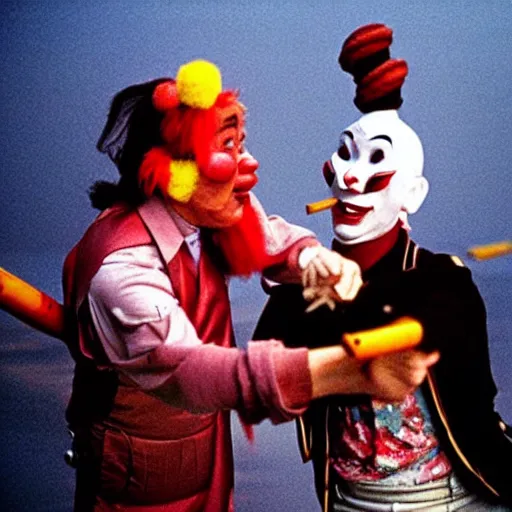 Image similar to Jack Burton throwing a knife at a tall Chinese clown, Lo Pan, cinematic still, amazing photo