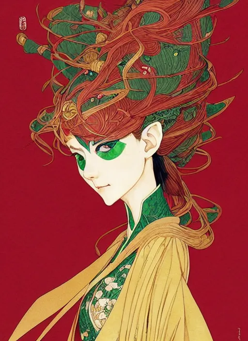 Prompt: half body portrait of a beautiful elven queen in red green gold dress, detailed, wearing kimono armor, by conrad roset, takato yomamoto, jesper ejsing, beautiful