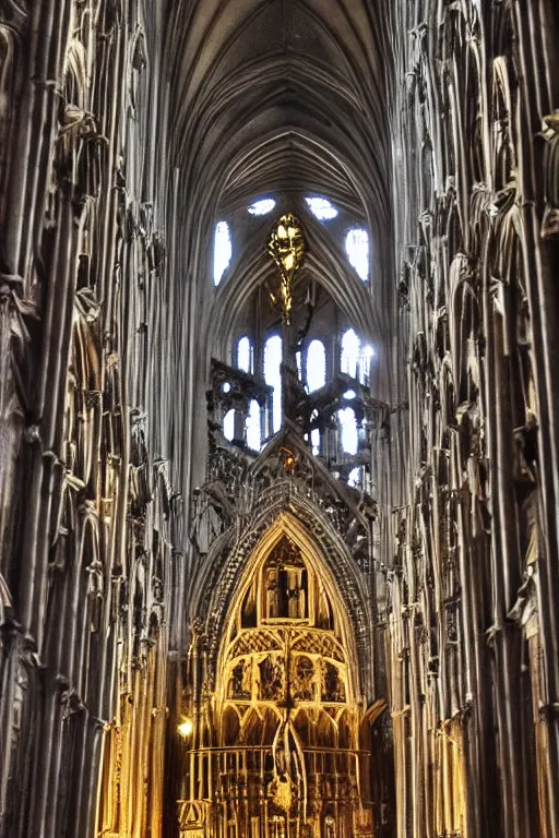 Prompt: A view inside phantom of spiritual gothic cathedral, with mistic crest on top